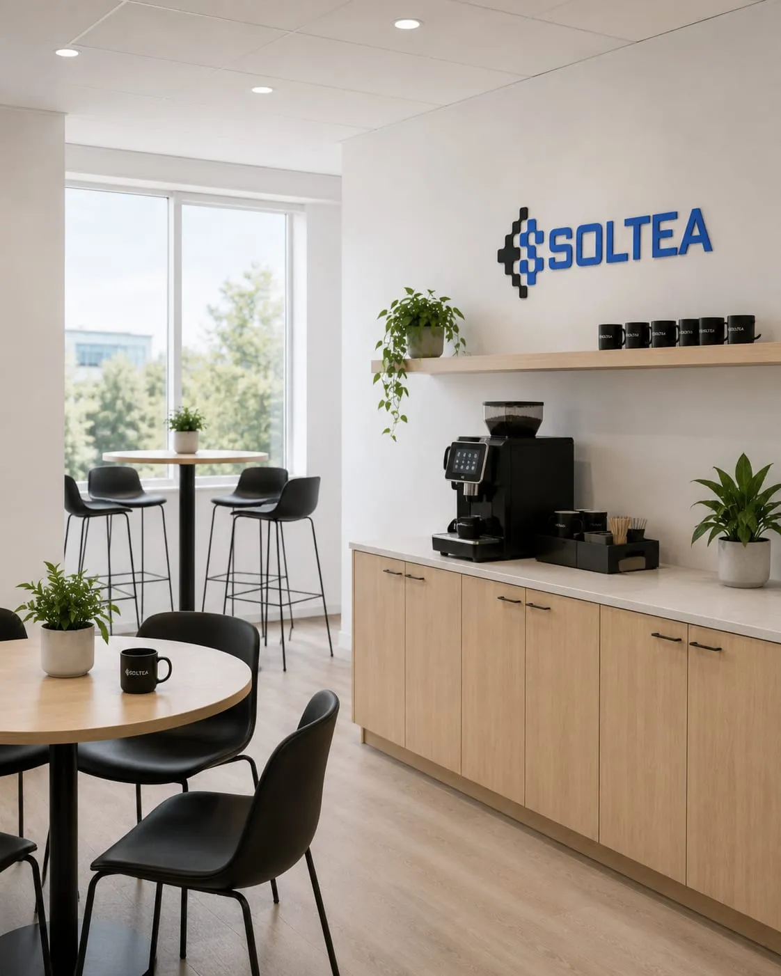 Open space operativo Soltea, con postazioni di lavoro e logo a parete