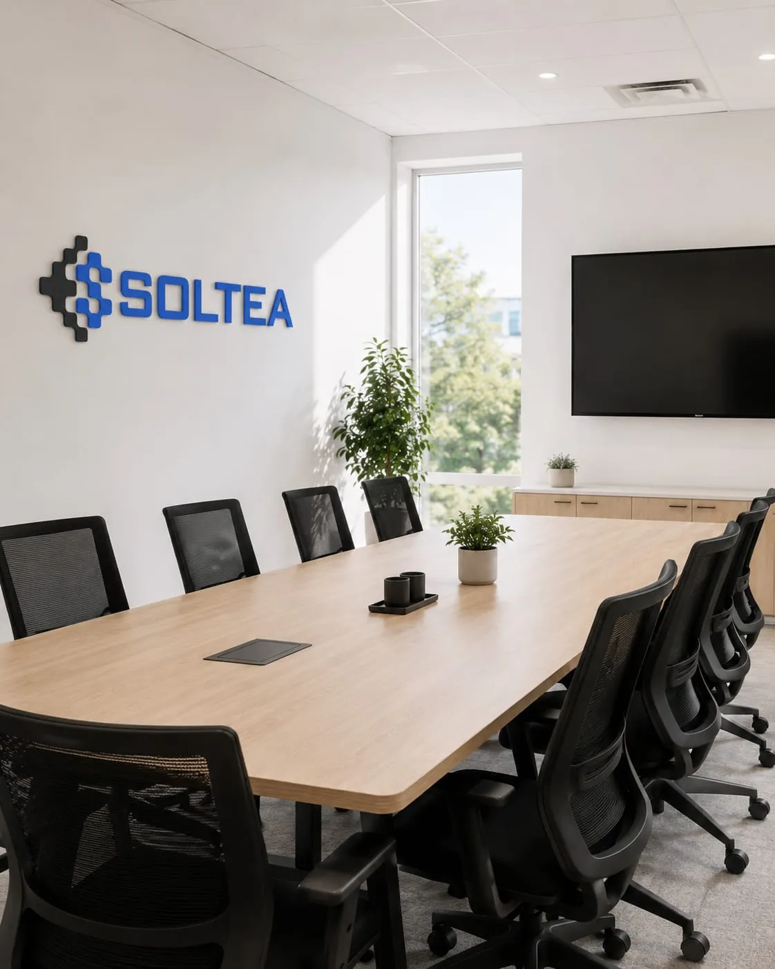 Soltea meeting room, with a monitor and a logo on the wall
